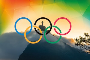 A photograph of the Christ the Redeemer statue in Rio de Janeiro with the Olympic rings logo overlaid, representing Rio de Janeiro as an olympic host city in 2016, when the state’s corrupt governor stole significant public money.