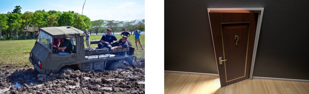 A picture of a truck stuck in mud and a picture of a door opening