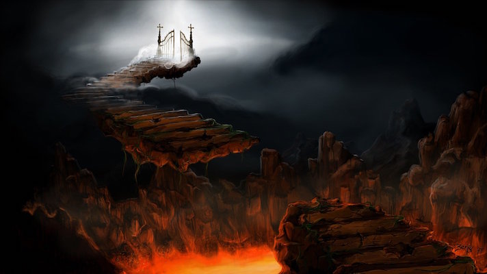 an image of a fiery pit representing hell and stone steps up to gates leading to heaven