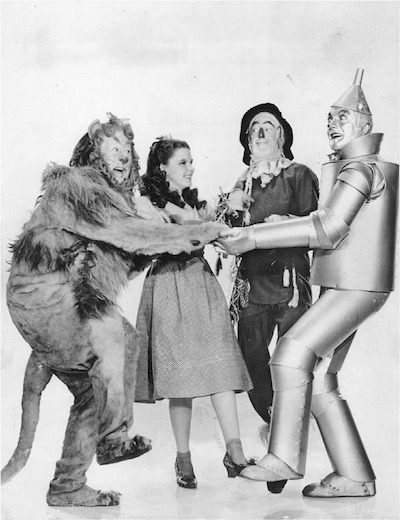 The main characters from the film “The Wizard of Oz”, Dorothy, the Lion, the Tin Man, and the Scarecrow