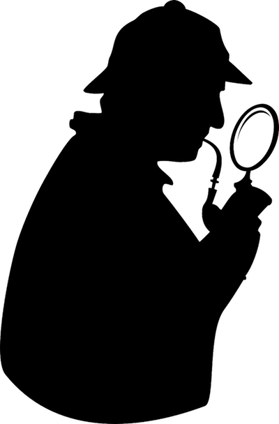 A silhouette image of a detective with a pipe and magnifying glass in the style of Sherlock Holmes